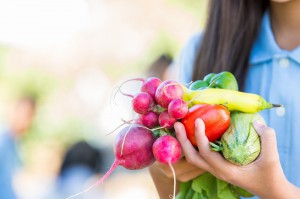 Student holding fresh vegetables during farm field trip